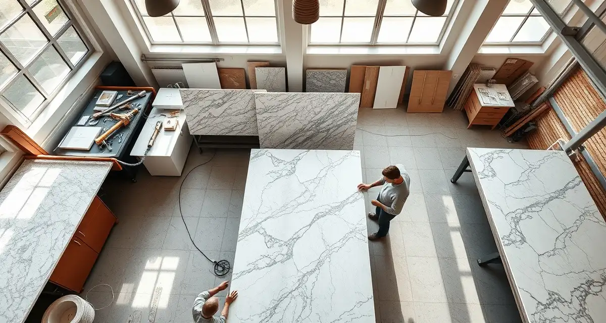 Modern countertop fabrication shop workspace in Florida with workers processing stone slabs using precision equipment