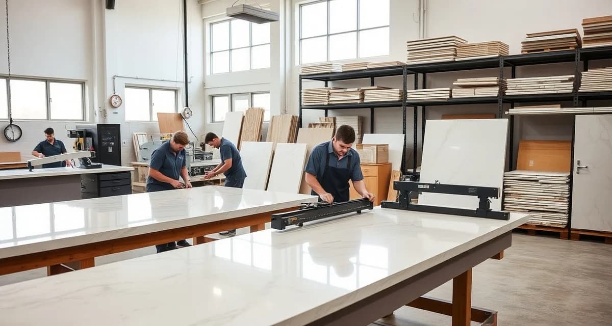 Fort Worth countertop fabricator workspace Modern countertop fabrication shop in Fort Worth, TX with stone slabs and precision equipment for specialized stone shop management
