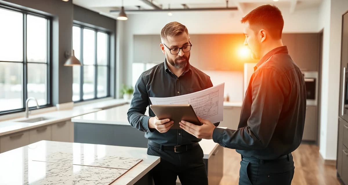 General contractor using countertop software to manage kitchen renovation project timelines and fabricator coordination