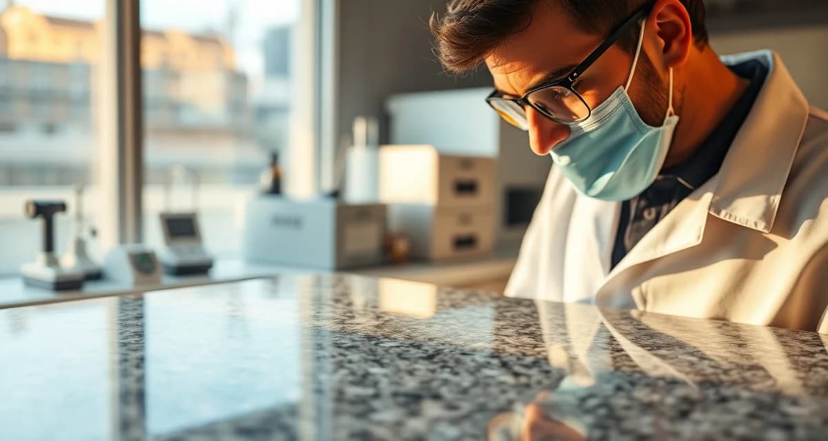 Granite countertop sample being analyzed for radon emissions in a professional laboratory setting with scientific equipment