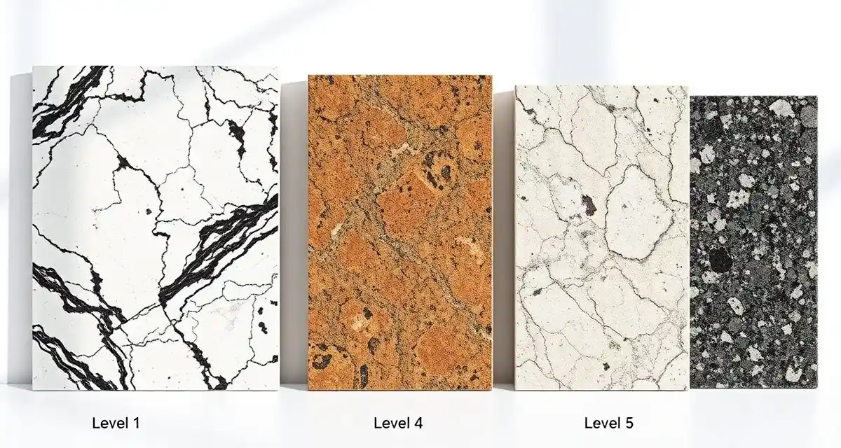 Five granite slabs arranged by level showing progression from affordable Level 1 to premium Level 5 with increasing color complexity and rarity.