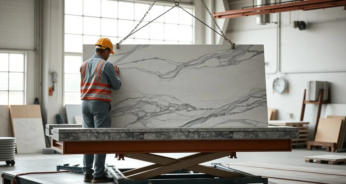 Professional fabricators carefully moving granite and quartz countertops using specialized equipment in a stone shop workshop
