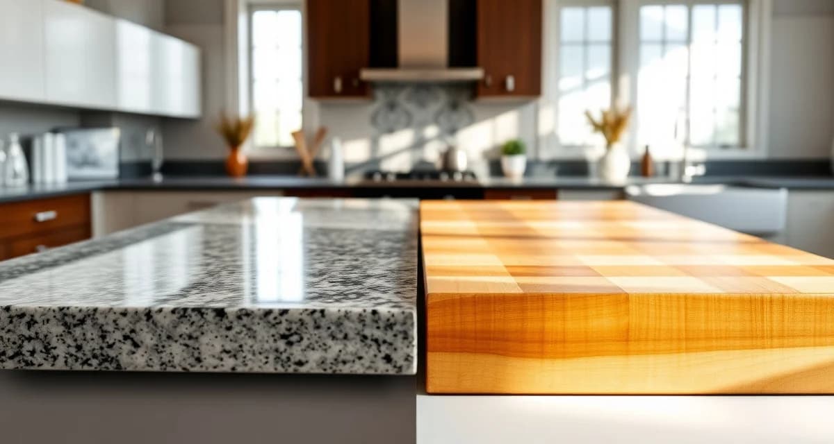 Granite and butcher block countertop materials comparison Side-by-side comparison of polished granite and butcher block countertops showing contrasting textures, durability, and aesthetic qualities for kitchen design decisions.