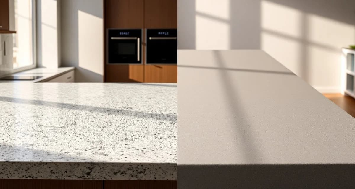 Granite versus engineered sintered stone material comparison Side-by-side comparison of granite and sintered stone countertop samples showing surface texture and finish differences