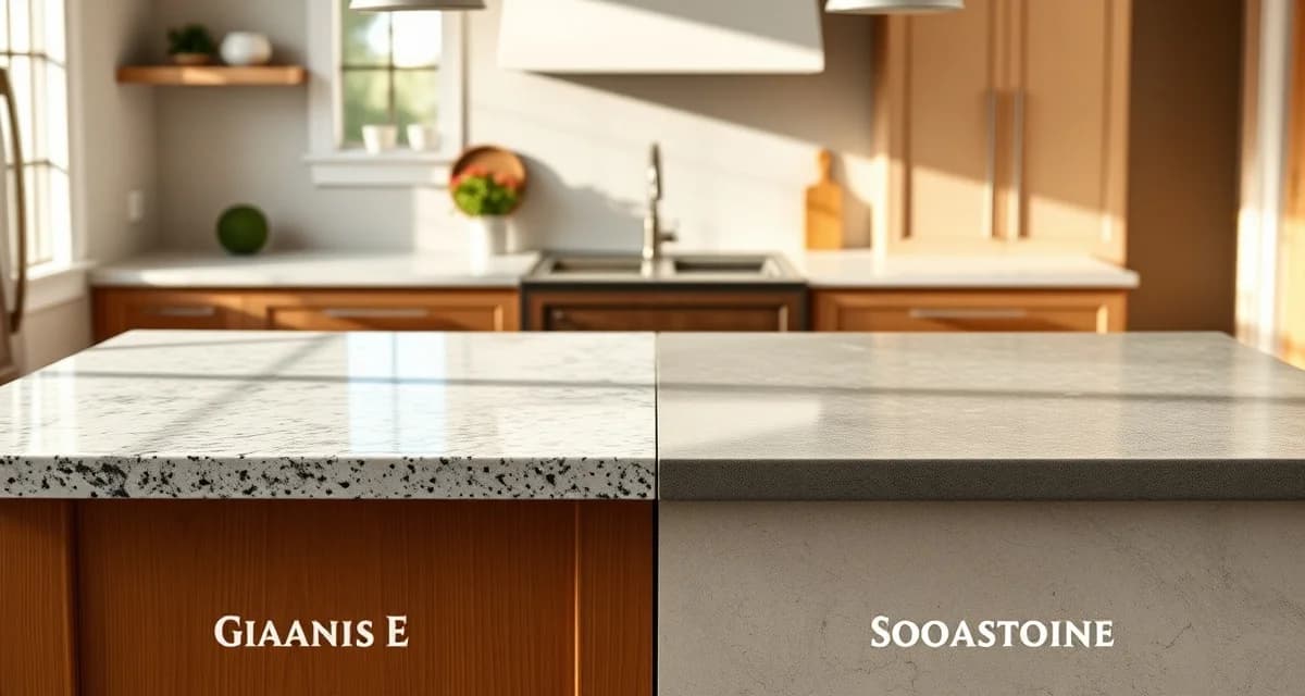 Stone countertop materials comparison guide Granite and soapstone countertop samples displayed side-by-side showing hardness, color, and texture differences for kitchen comparison