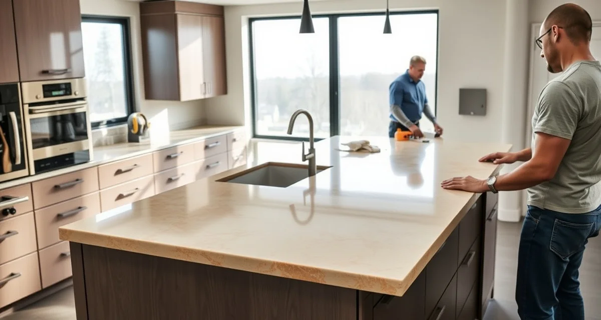 Professional countertop fabrication and installation showing quartz material measurement and fitting in modern kitchen setting