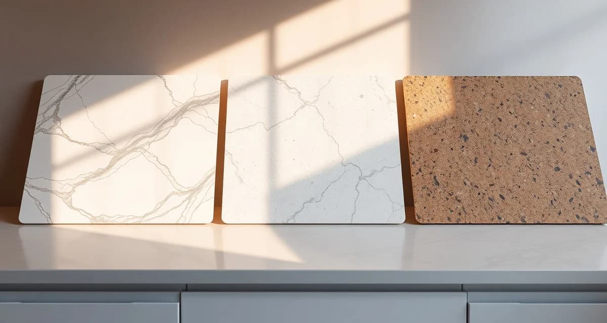 Countertop material samples showcasing homeowner preferences including marble, quartz, and granite color and pattern options.