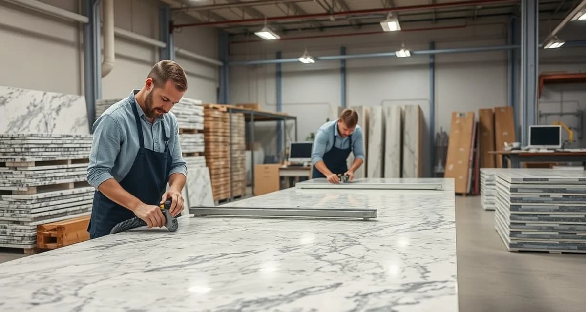 Modern countertop fabrication shop in Houston with workers using precision tools to cut granite and quartz slabs for residential and commercial projects.