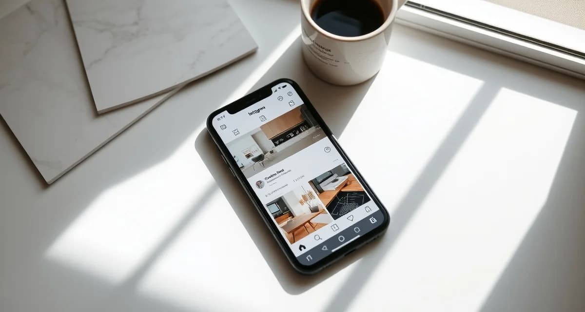 Smartphone showing Instagram feed with countertop fabrication project photos and design inspiration for stone business marketing