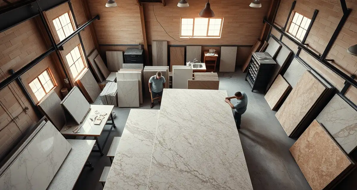 Professional countertop fabrication shop in Iowa showing granite and quartz slab materials and fabrication equipment for kitchen remodels.