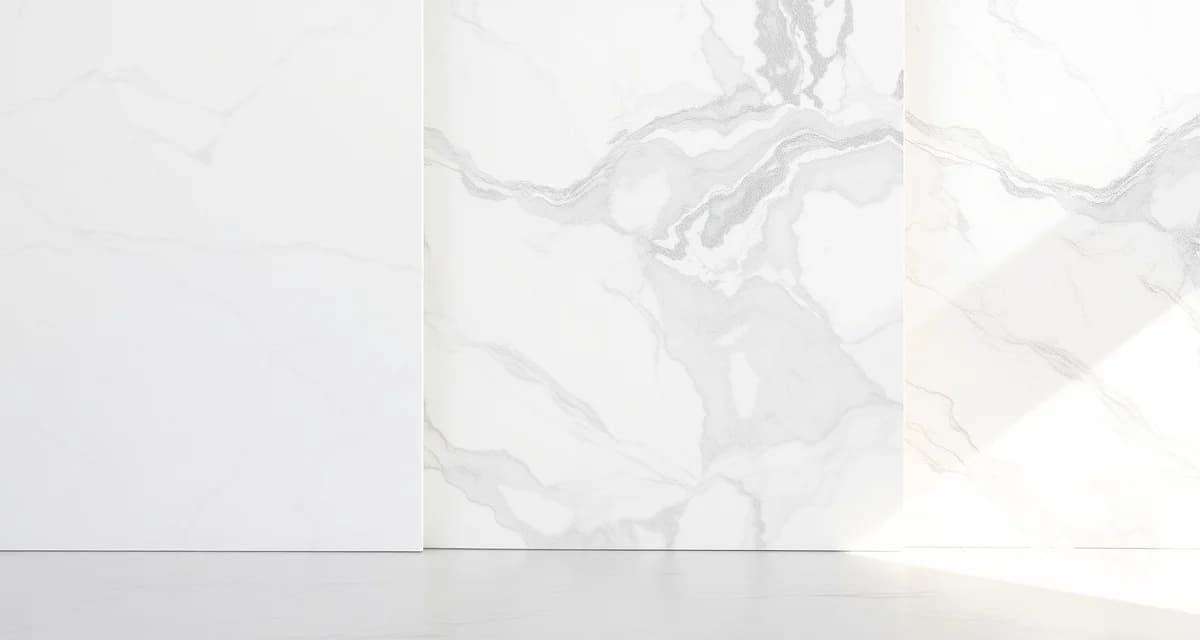 Three Italian marble slabs comparing Carrara, Calacatta, and Statuario varieties with distinct veining patterns and finishes