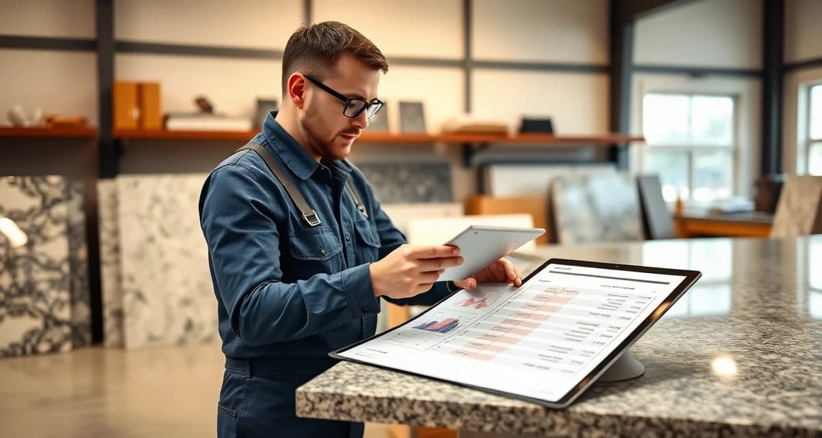 Countertop fabricator analyzing job costing data on tablet to calculate true project costs and improve profit margins