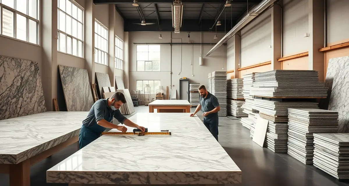 KC Countertop Shop Management Workflow Modern countertop fabrication shop in Kansas City with workers precision-cutting stone slabs using specialized equipment and management software systems