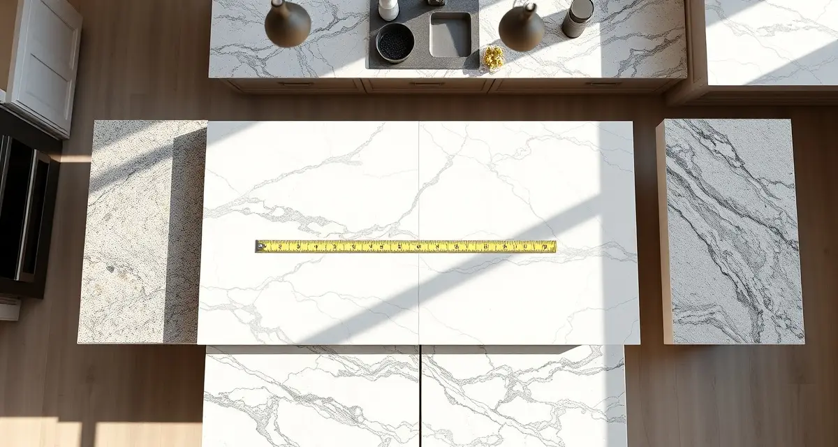 Kitchen countertop layout showing how many granite and quartz slabs needed for typical kitchen design with measurements