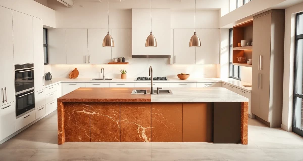 Modern kitchen island with contrasting stone countertop material matched to kitchen design aesthetic and functionality requirements