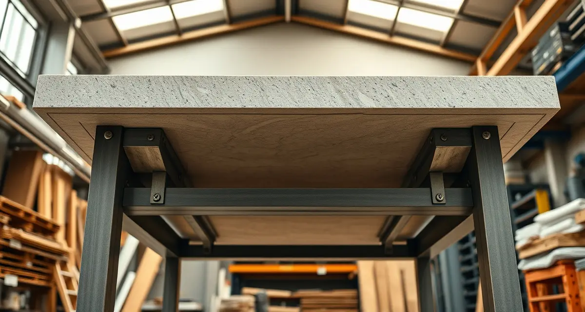 Structural island support brackets and reinforcement framework securing a stone kitchen island countertop with multiple seating overhangs.