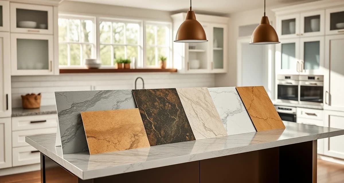 Laminate countertop samples showing various colors and patterns with pricing guide for 2026 kitchen renovations