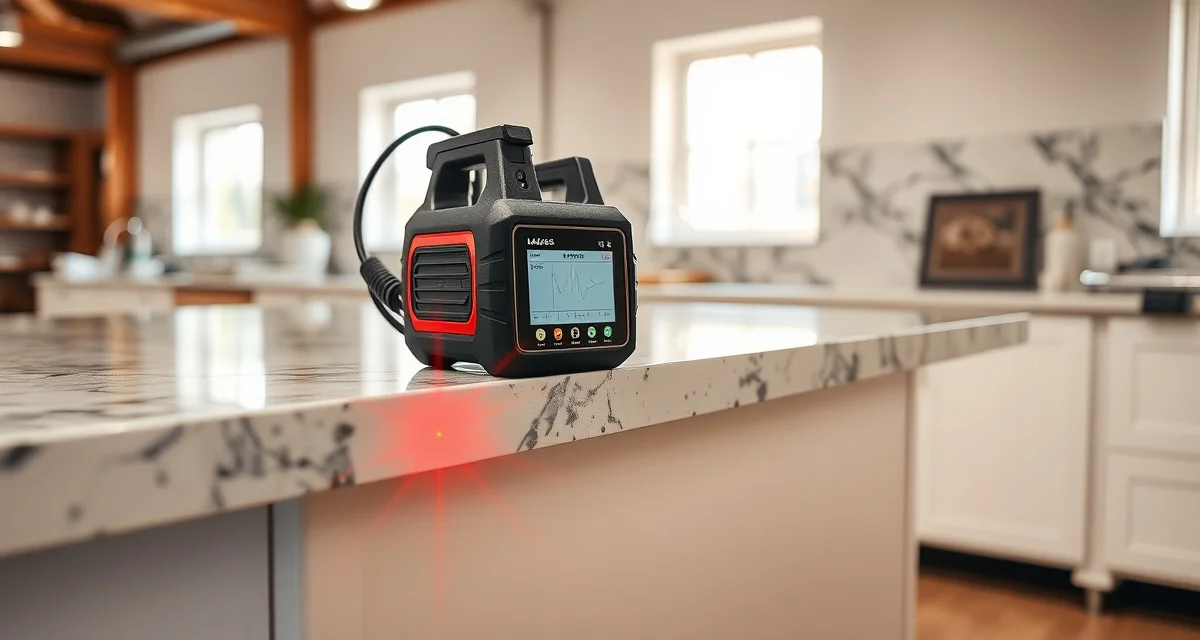 Laser templater device projecting measurement points onto granite countertop installation space