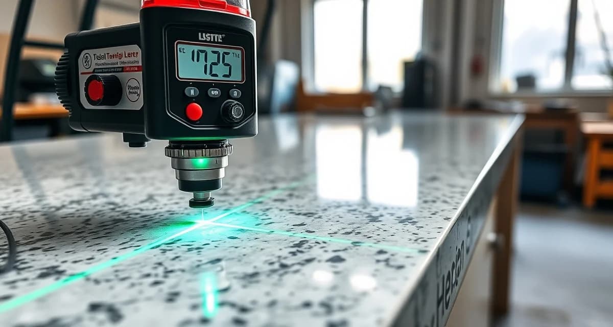 Laser templating device measuring countertop edge with precision, demonstrating accurate stone fabrication measurement technology