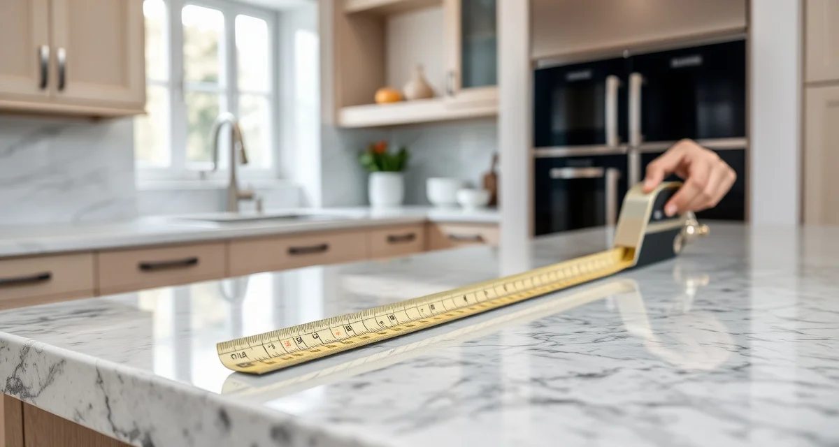 Measuring linear feet on a stone countertop with a tape measure to determine pricing for counter fabrication