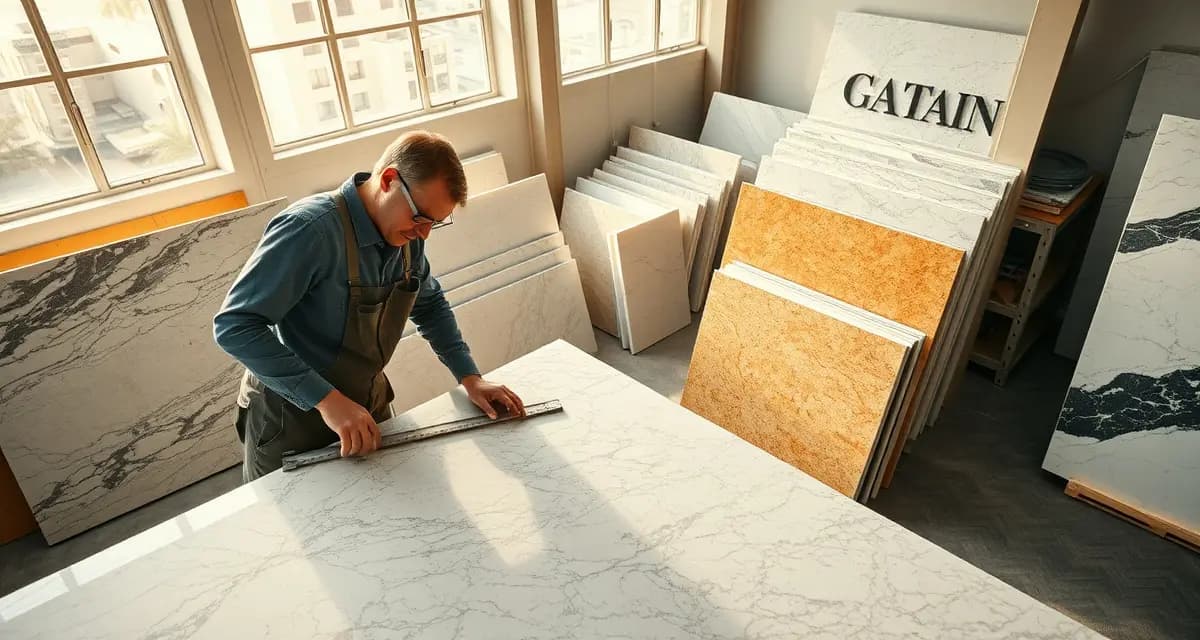 Professional countertop fabricator measuring premium stone slabs in a modern Los Angeles workshop with natural lighting.