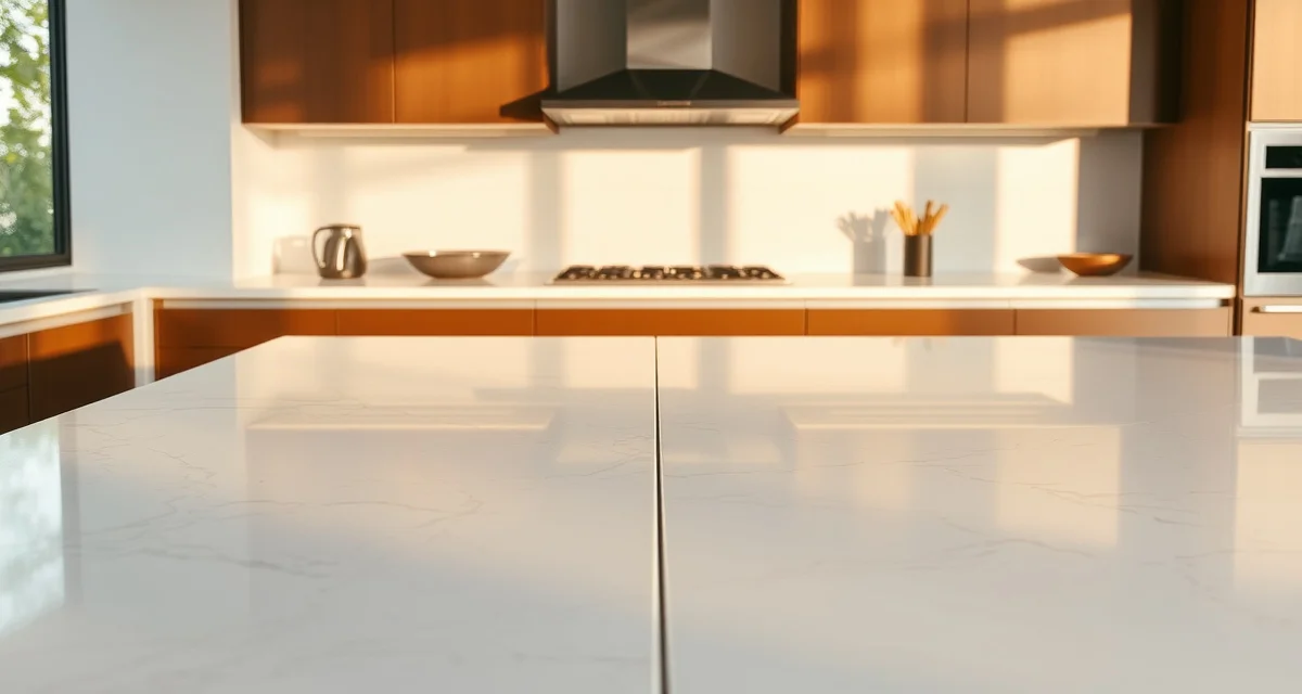 Comparison of low-maintenance countertop materials including quartz and porcelain slabs in modern kitchen setting