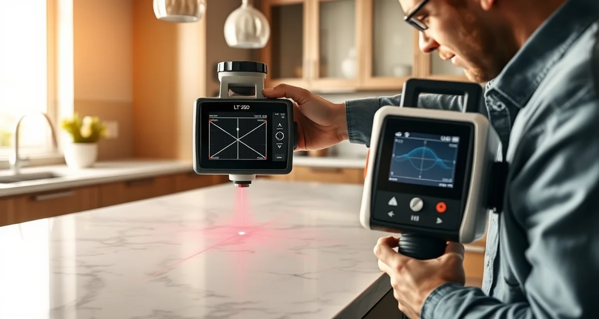 LT-2D3D laser templating device measuring countertop dimensions for stone fabrication shops