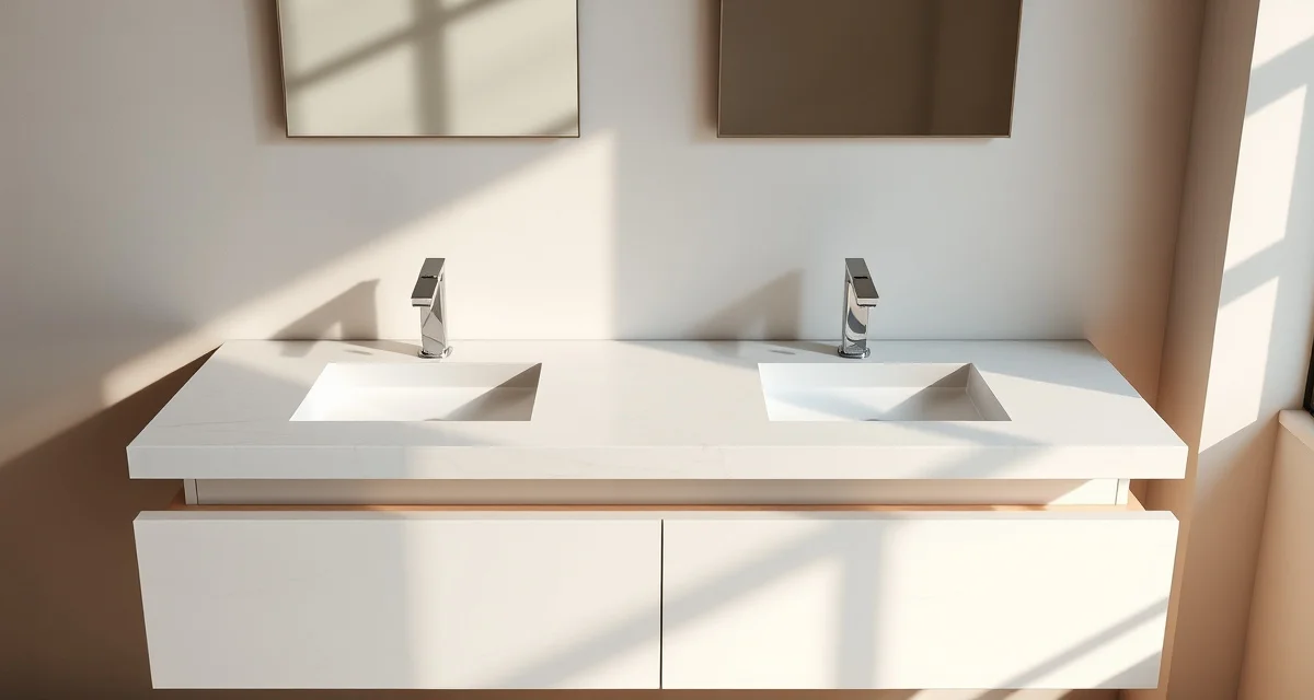 Modern bathroom vanity featuring elegant stone countertop with marble or quartz surface and contemporary fixtures.