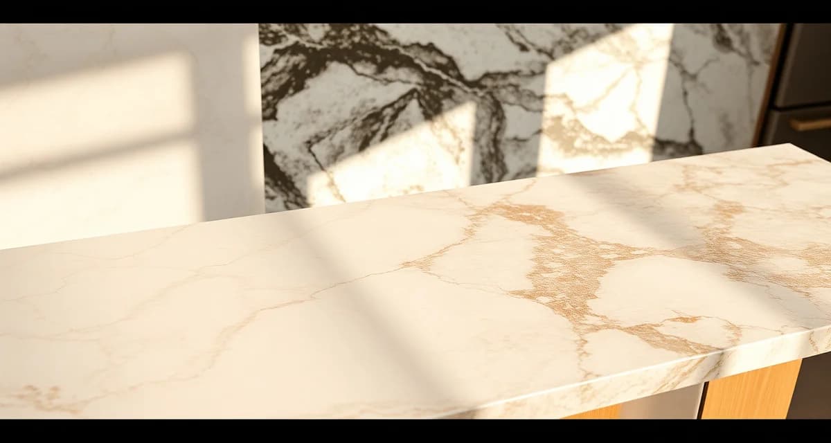 Premium luxury countertop materials including quartzite, exotic granite, and marble slabs displayed in professional kitchen setting with natural lighting.