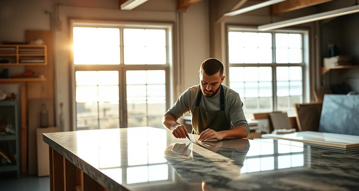 Expert countertop fabrication in Maine showing granite stone cutting and polishing at a professional fabrication shop with modern equipment