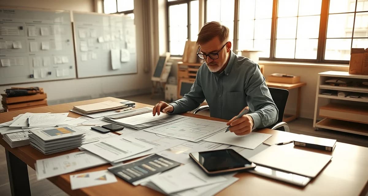 Countertop fabrication shop owner managing multiple job orders with manual processes including spreadsheets, whiteboards, and paper templates showing workflow complexity