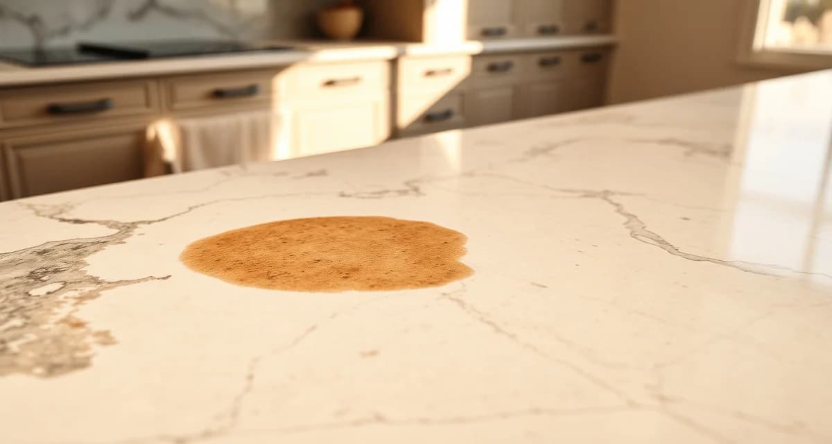 Close-up of marble countertop with visible water stain and etching marks on polished surface in natural lighting