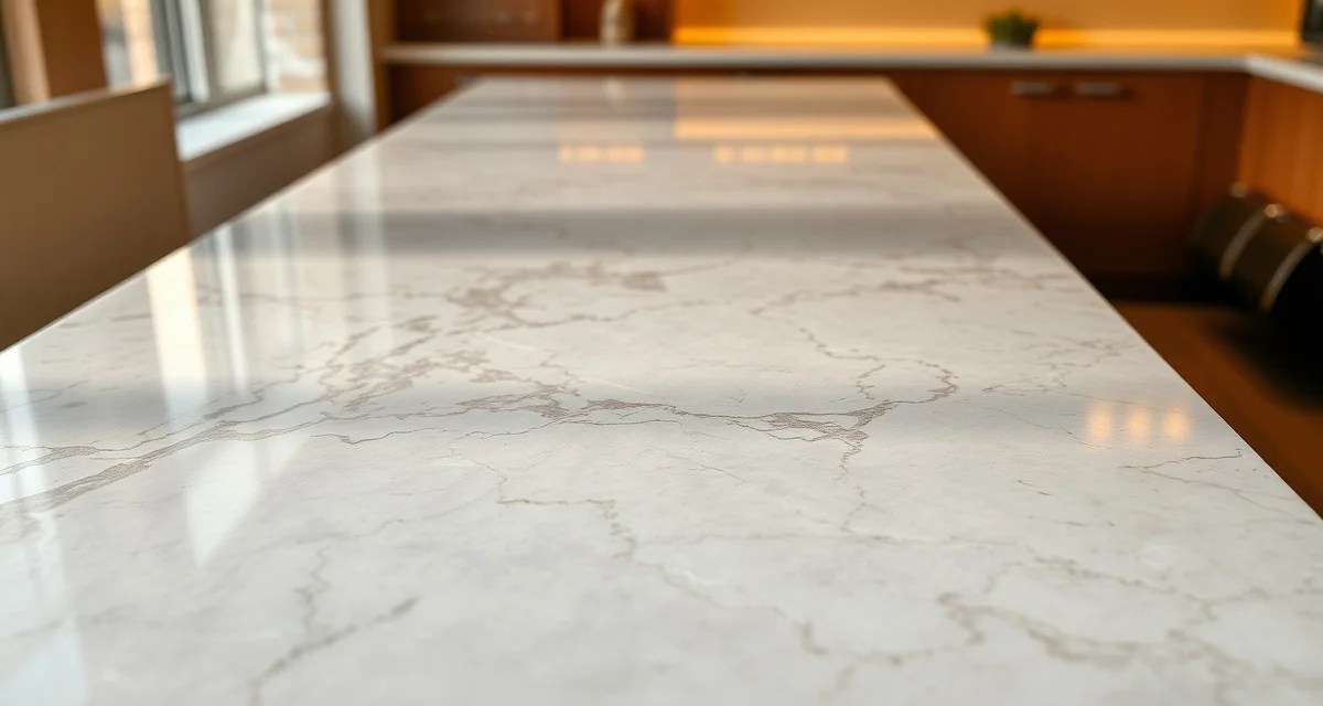 Polished marble countertop with distinctive white and gray veining patterns showcasing luxury surface finish for kitchen design