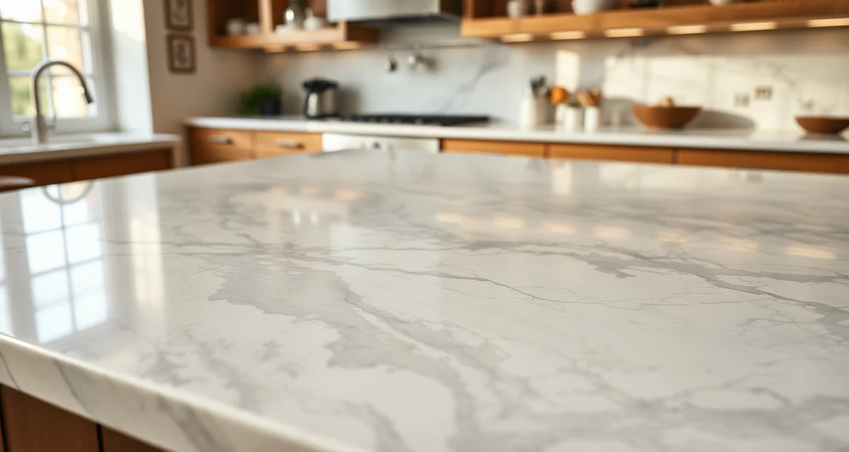 Elegant veined countertop with marble-look gray and white patterns showing organic flowing vein direction in modern kitchen design