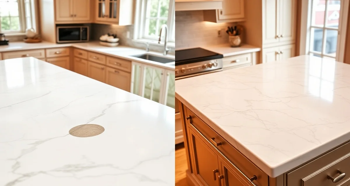 Side-by-side comparison of marble vs porcelain countertops showing etching damage on marble and pristine porcelain surface