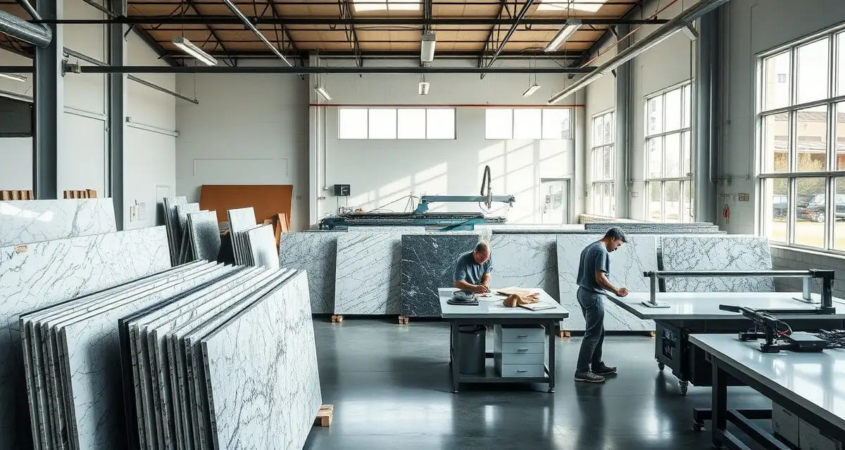 Modern countertop fabrication shop in Memphis showing stone slabs, cutting equipment, and skilled workers managing fabrication operations