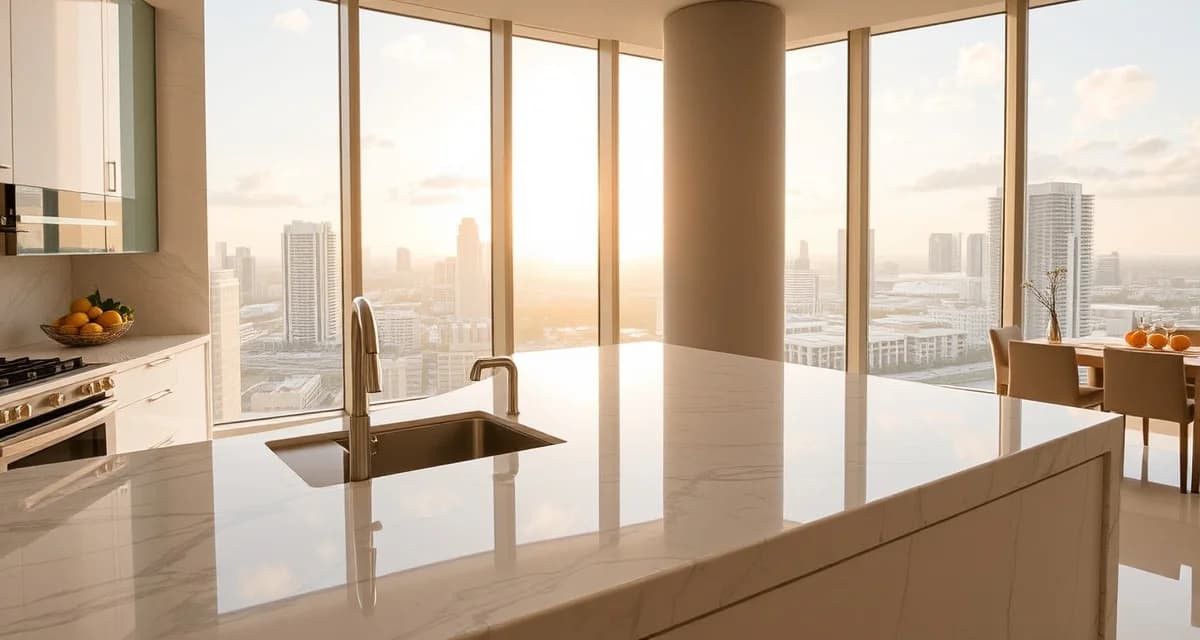 Luxury countertop installation in Miami condo Modern Miami kitchen with premium marble and natural stone countertops installed, showing typical luxury countertop design and materials.