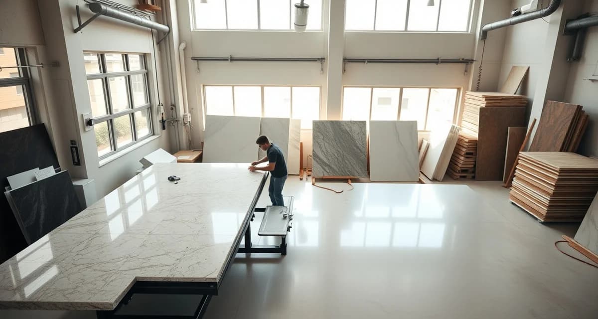 Miami countertop fabrication workshop Professional countertop fabricators in Miami workshop measuring and cutting granite and quartz stone slabs with precision tools and equipment.