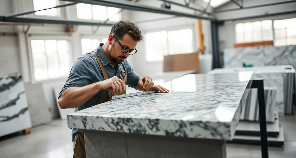 Expert countertop fabricator measuring granite slab in Minneapolis fabrication shop with professional tools and quality materials