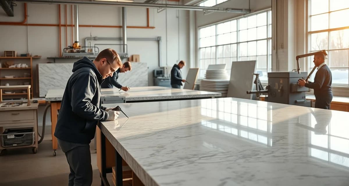 Professional countertop fabrication shop in Minnesota displaying skilled craftsmen working with granite and quartz slabs using modern equipment