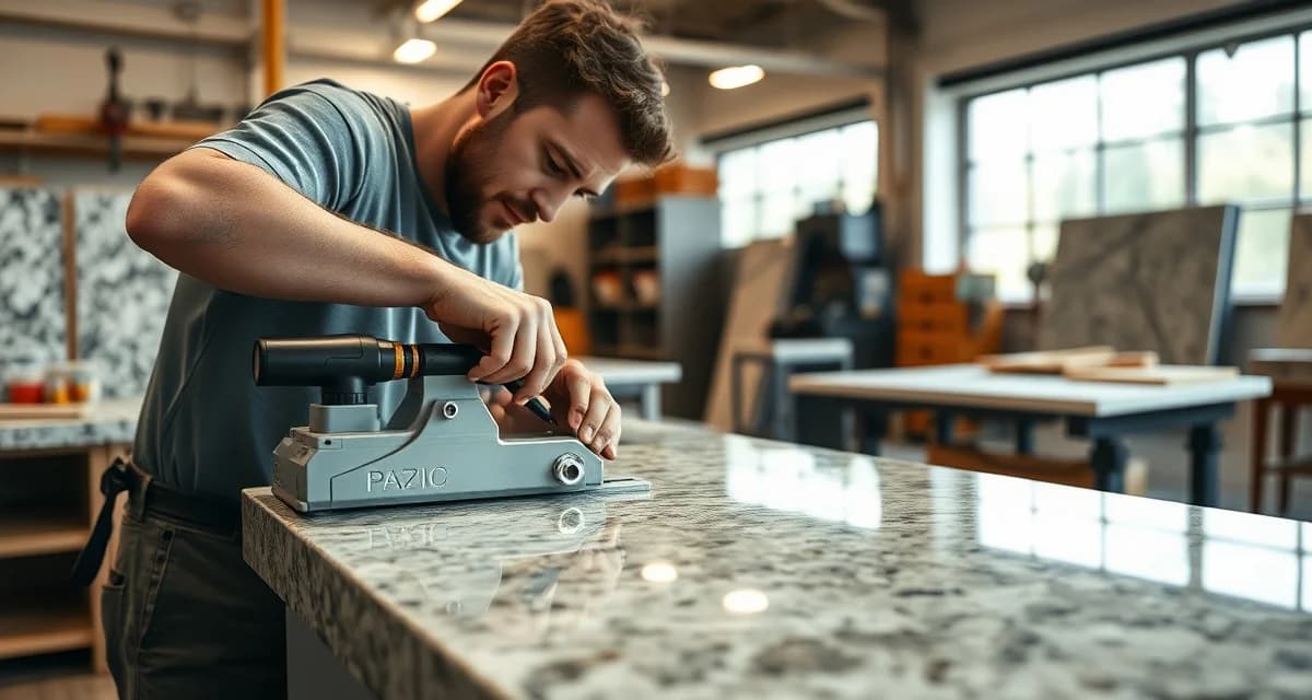 Professional countertop fabricator working with granite stone slab in Mississippi fabrication shop workshop