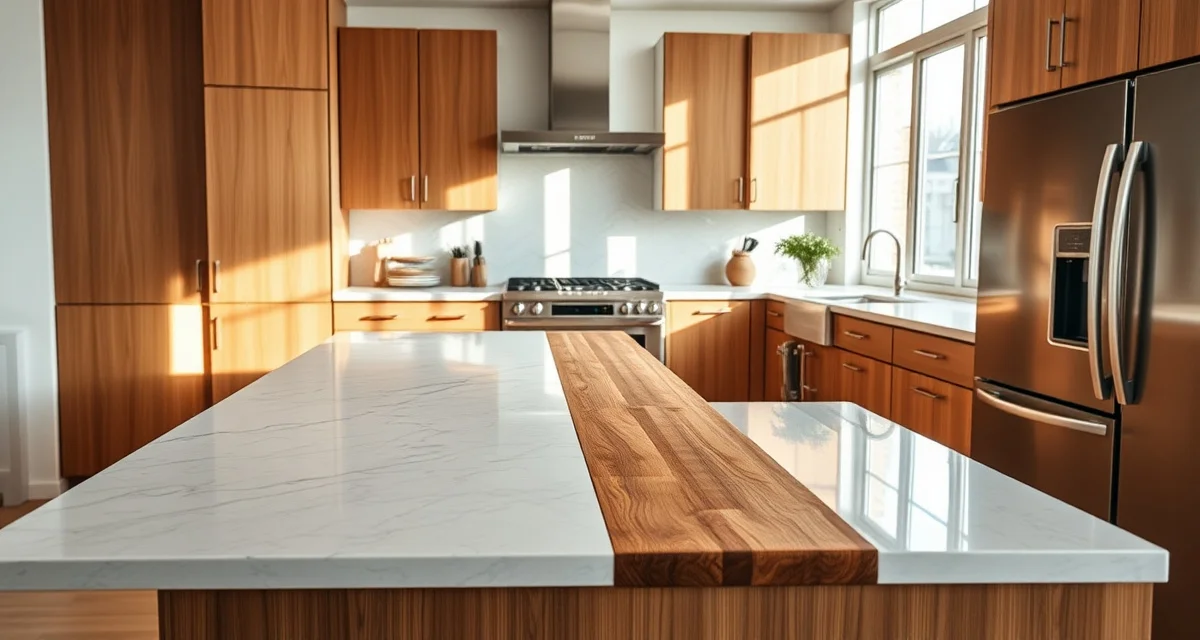 Modern kitchen featuring mixed countertop materials with marble and wood surfaces creating intentional design contrast and functional zones