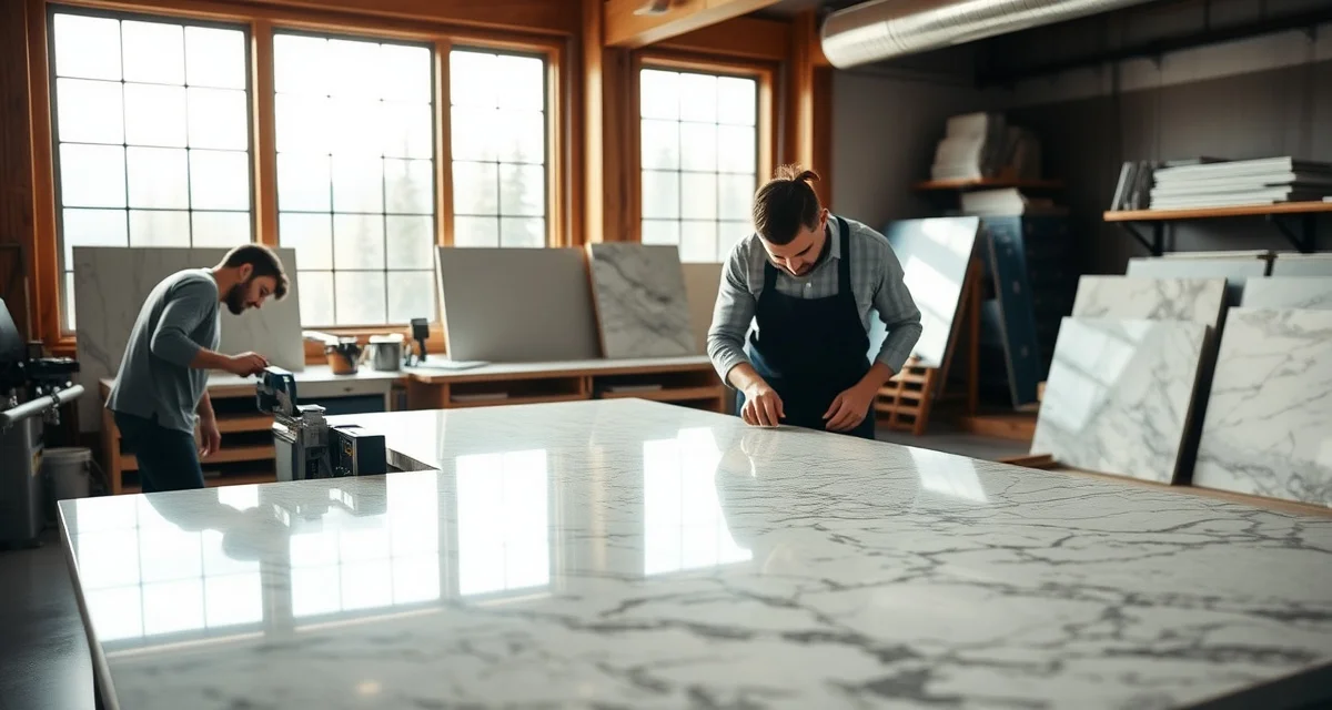 Professional countertop fabrication workshop in Montana showing precision stone cutting equipment and polished granite samples