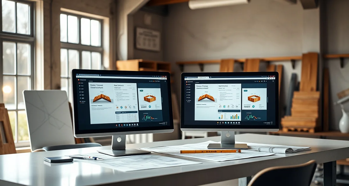 Comparison of Moraware and EasyStoneShop countertop fabrication software displayed on computer monitors in a stone shop.