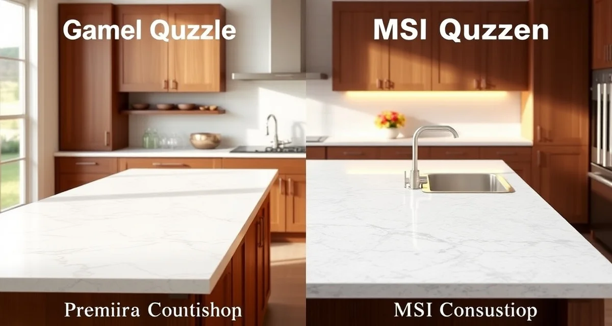 Side-by-side comparison of MSI Quartz and Cambria countertops showing color differences and surface quality in modern kitchen design