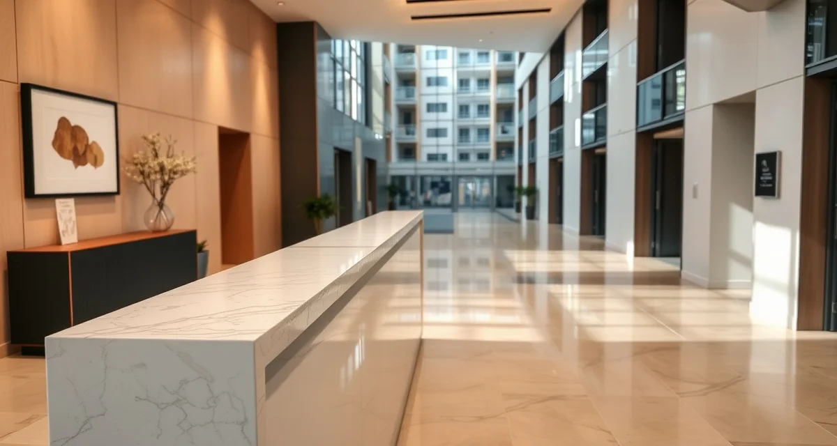 Modern quartz countertops installed in a multi-family residential building lobby, showcasing durable materials designed for high-traffic apartment complexes and condominiums.