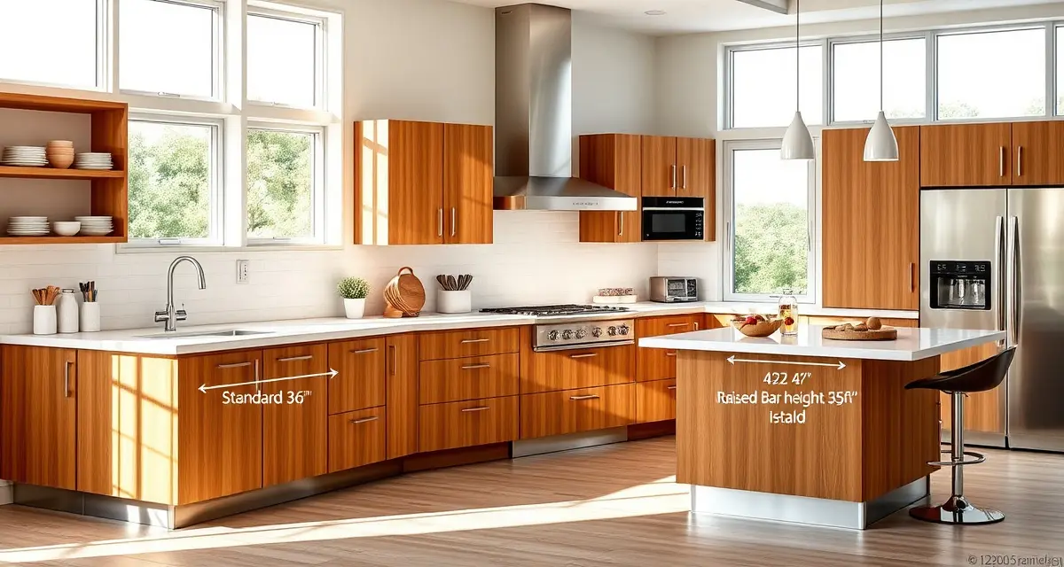 Modern kitchen displaying different countertop heights including standard 36-inch counter, lower baking station, and raised bar-height island for varied functionality.