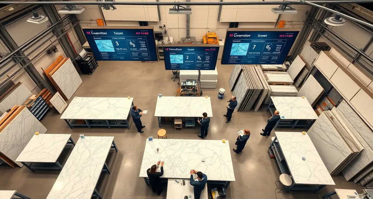 Multi-location countertop fabrication shop dashboard showing centralized inventory management and unified operations across multiple stone fabrication sites.