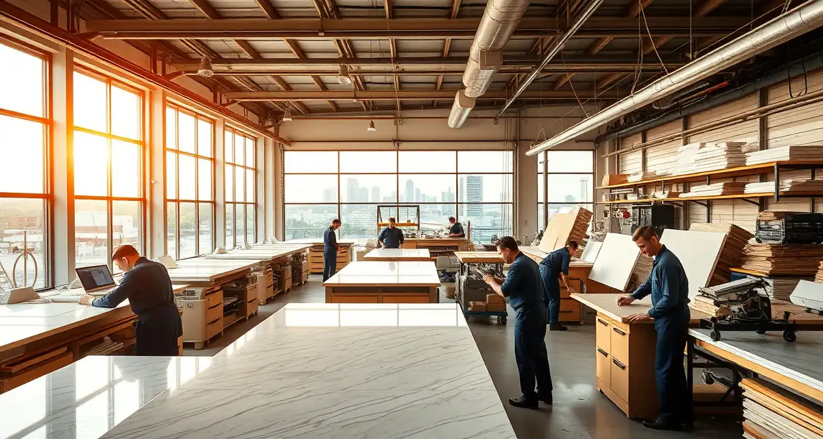 SlabWise countertop software for Nashville fabrication shops Modern countertop fabrication shop with technicians managing stone slabs using specialized software systems for Nashville fabricators