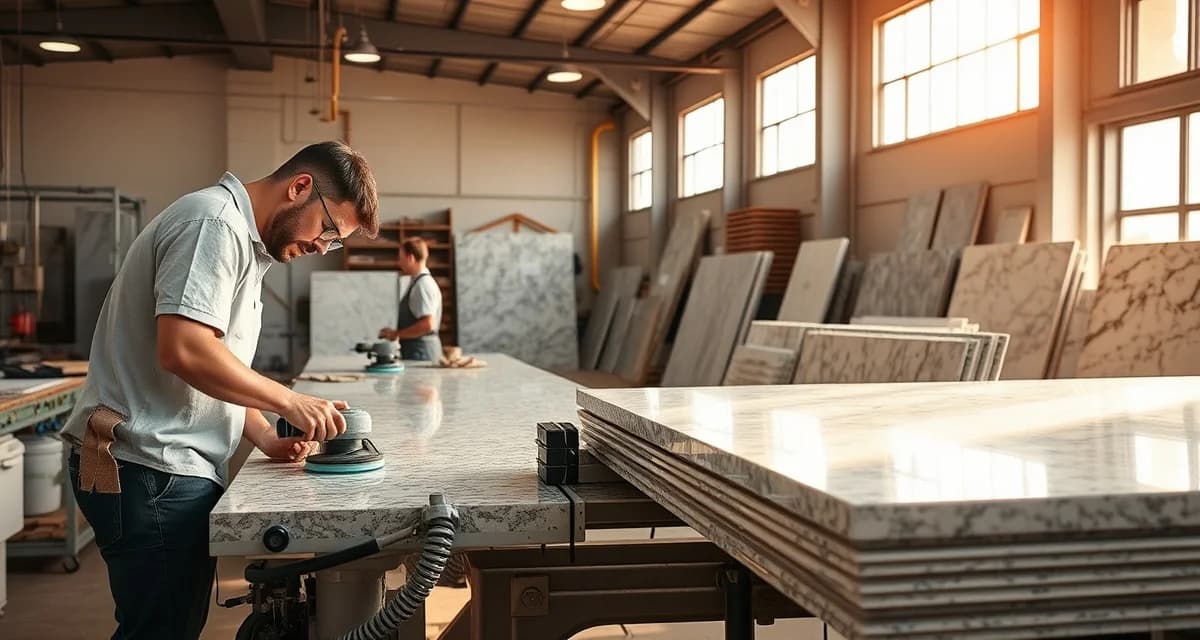 Professional countertop fabricators cutting and polishing granite and quartz stone slabs in a modern Nashville fabrication shop with precision equipment.